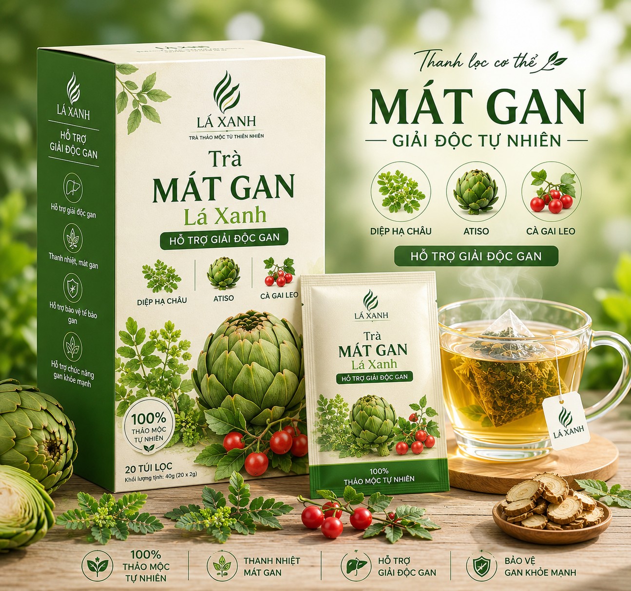 Trà Mát Gan Lá Xanh từ thảo mộc thiên nhiên hỗ trợ thanh nhiệt giải độc và chăm sóc sức khỏe gan