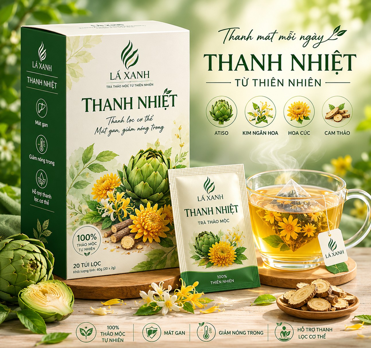 Trà Thanh Nhiệt Lá Xanh hỗ trợ thanh nhiệt cơ thể từ atiso cúc hoa cam thảo và cỏ ngọt thiên nhiên