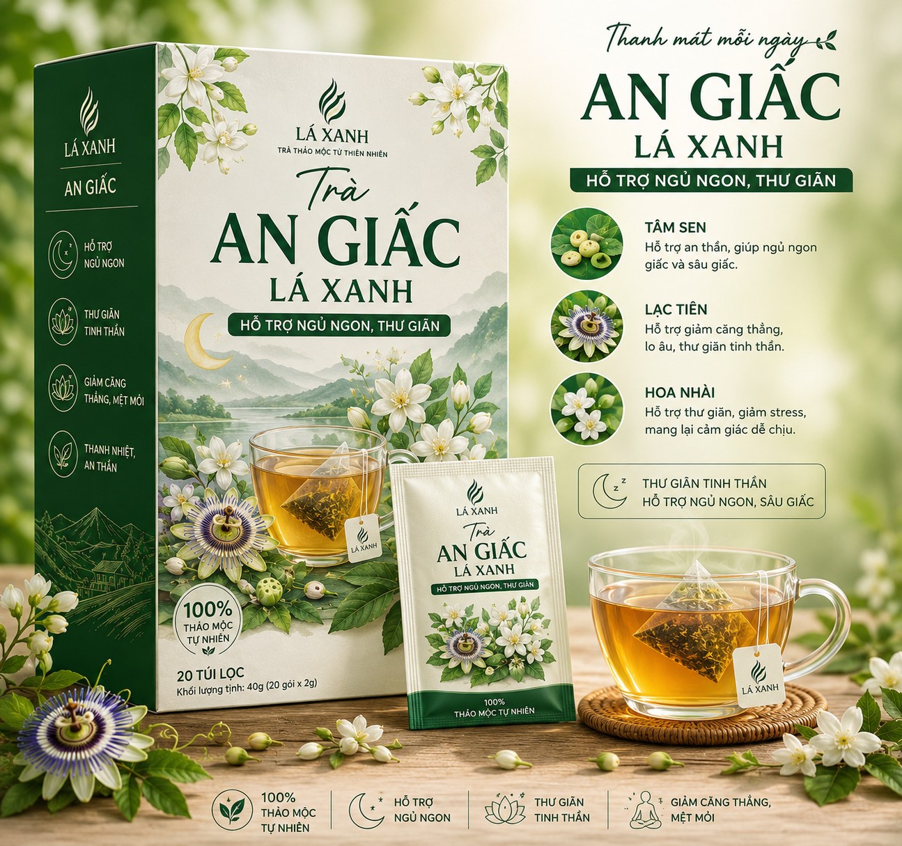 Trà An Giấc Lá Xanh từ tâm sen, lạc tiên và hoa nhài giúp thư giãn tinh thần, hỗ trợ ngủ ngon, ngủ sâu giấc và giảm căng thẳng tự nhiên.