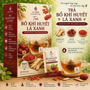 Trà Bổ Khí Huyết Lá Xanh kết hợp đương quy, táo đỏ và kỷ tử giúp hỗ trợ bồi bổ khí huyết, giảm mệt mỏi và tăng cường sức khỏe mỗi ngày.
