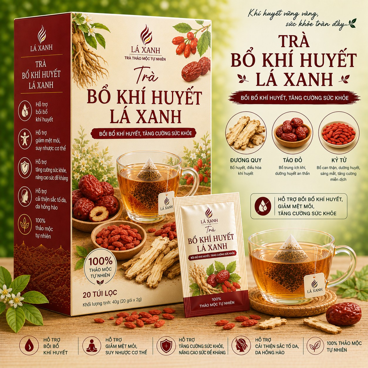 Trà Bổ Khí Huyết Lá Xanh kết hợp đương quy, táo đỏ và kỷ tử giúp hỗ trợ bồi bổ khí huyết, giảm mệt mỏi và tăng cường sức khỏe mỗi ngày.