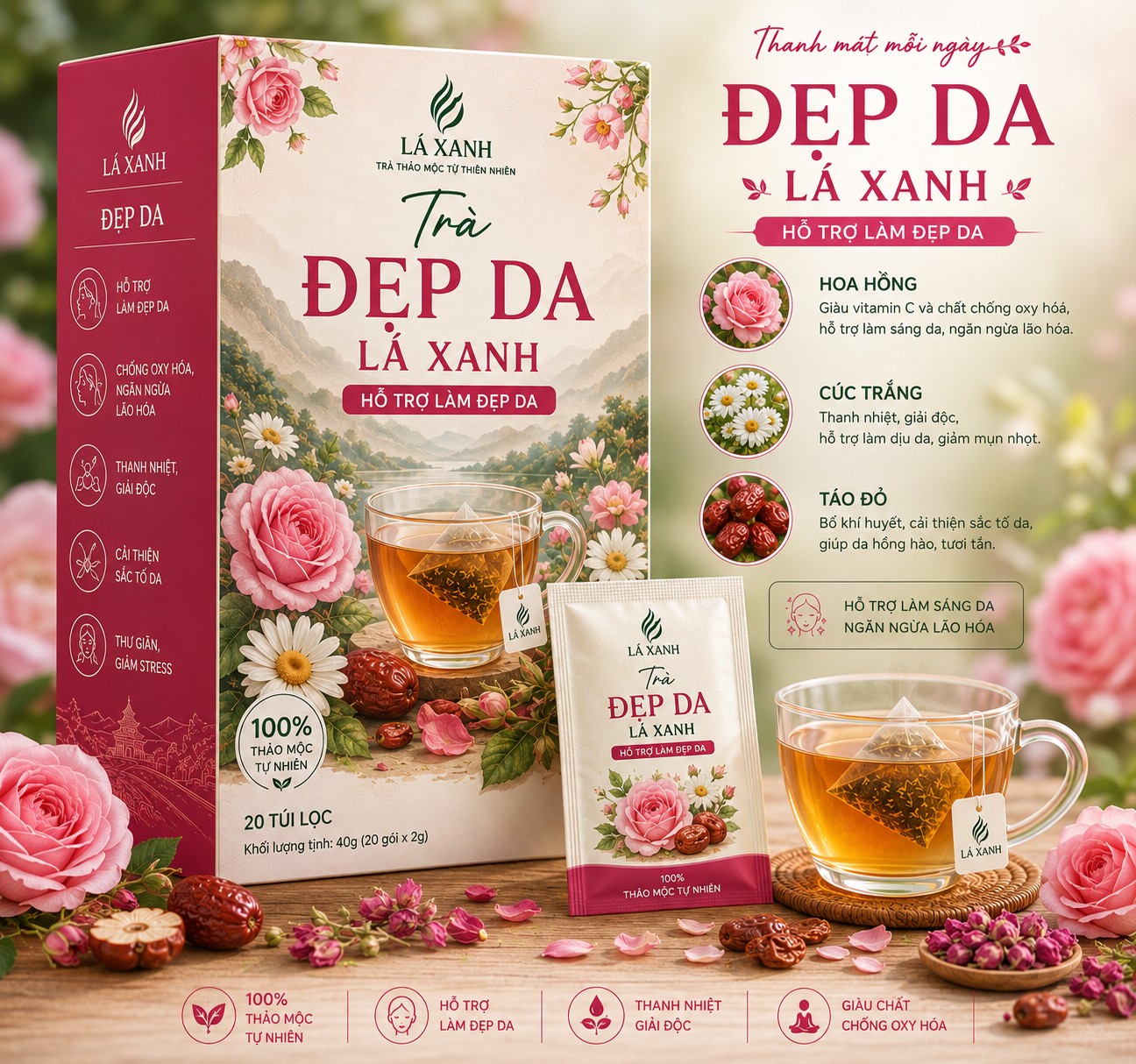 Trà Đẹp Da Lá Xanh hỗ trợ chăm sóc làn da từ hoa hồng cúc trắng và táo đỏ thiên nhiên