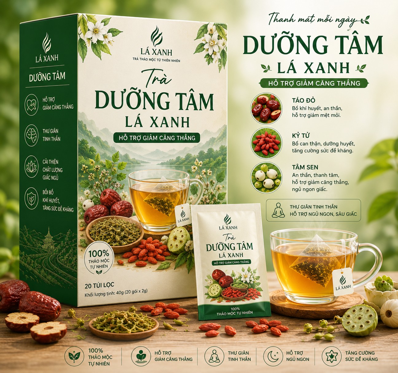 Trà Dưỡng Tâm Lá Xanh hỗ trợ ngủ ngon an thần từ thảo mộc thiên nhiên hộp 20 túi lọc