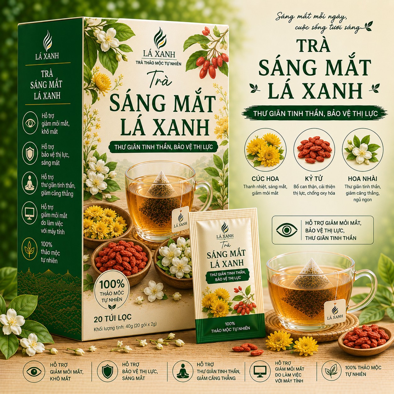 Trà Sáng Mắt Lá Xanh hỗ trợ giảm mỏi mắt bảo vệ thị lực từ cúc hoa kỷ tử và hoa nhài