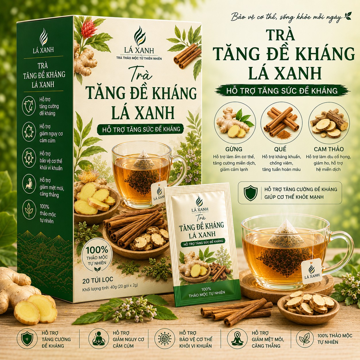 Trà Tăng Đề Kháng Lá Xanh hỗ trợ nâng cao sức khỏe và tăng cường đề kháng từ gừng quế cam thảo