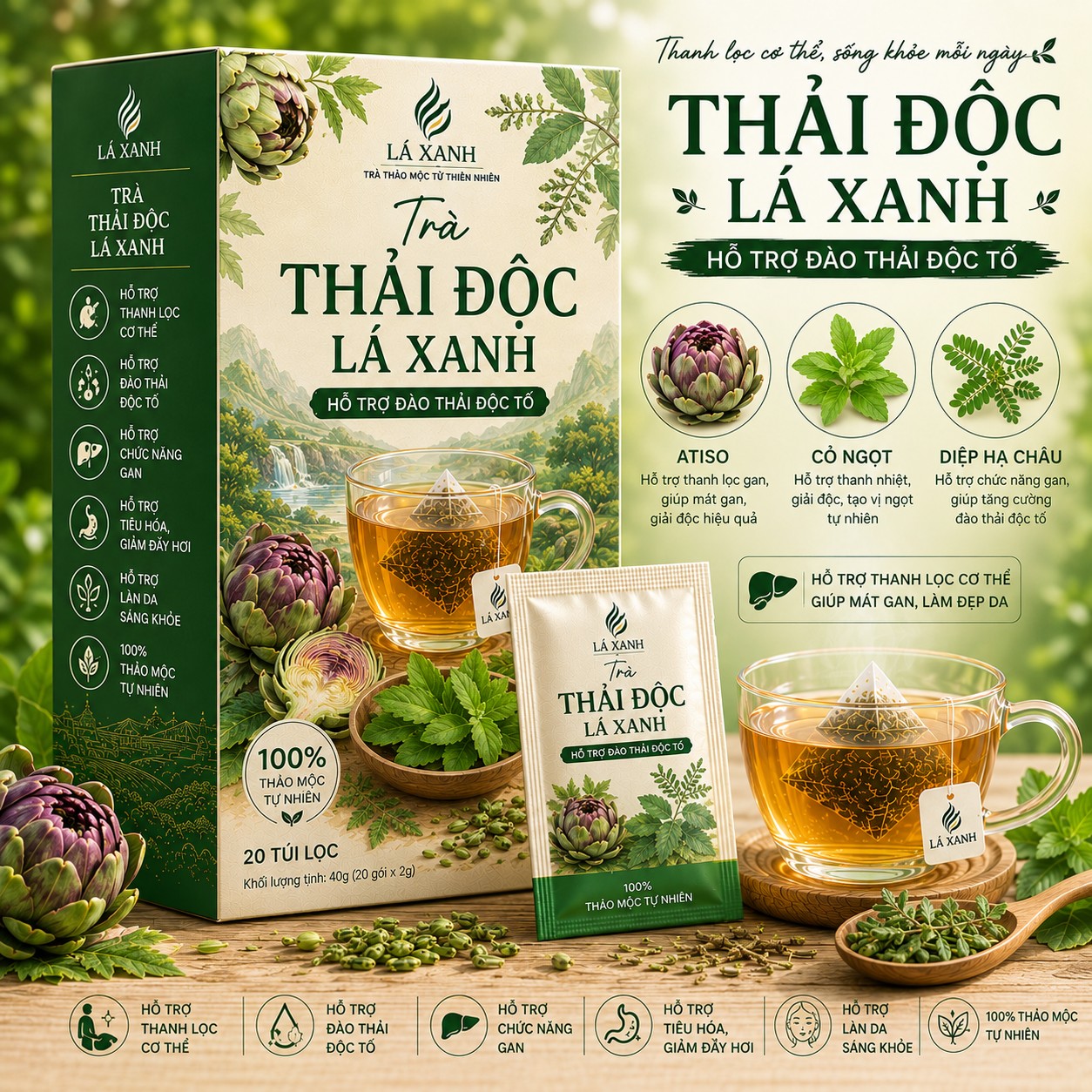 Trà Thải Độc Lá Xanh hỗ trợ thanh lọc cơ thể từ atiso cỏ ngọt và diệp hạ châu thiên nhiên