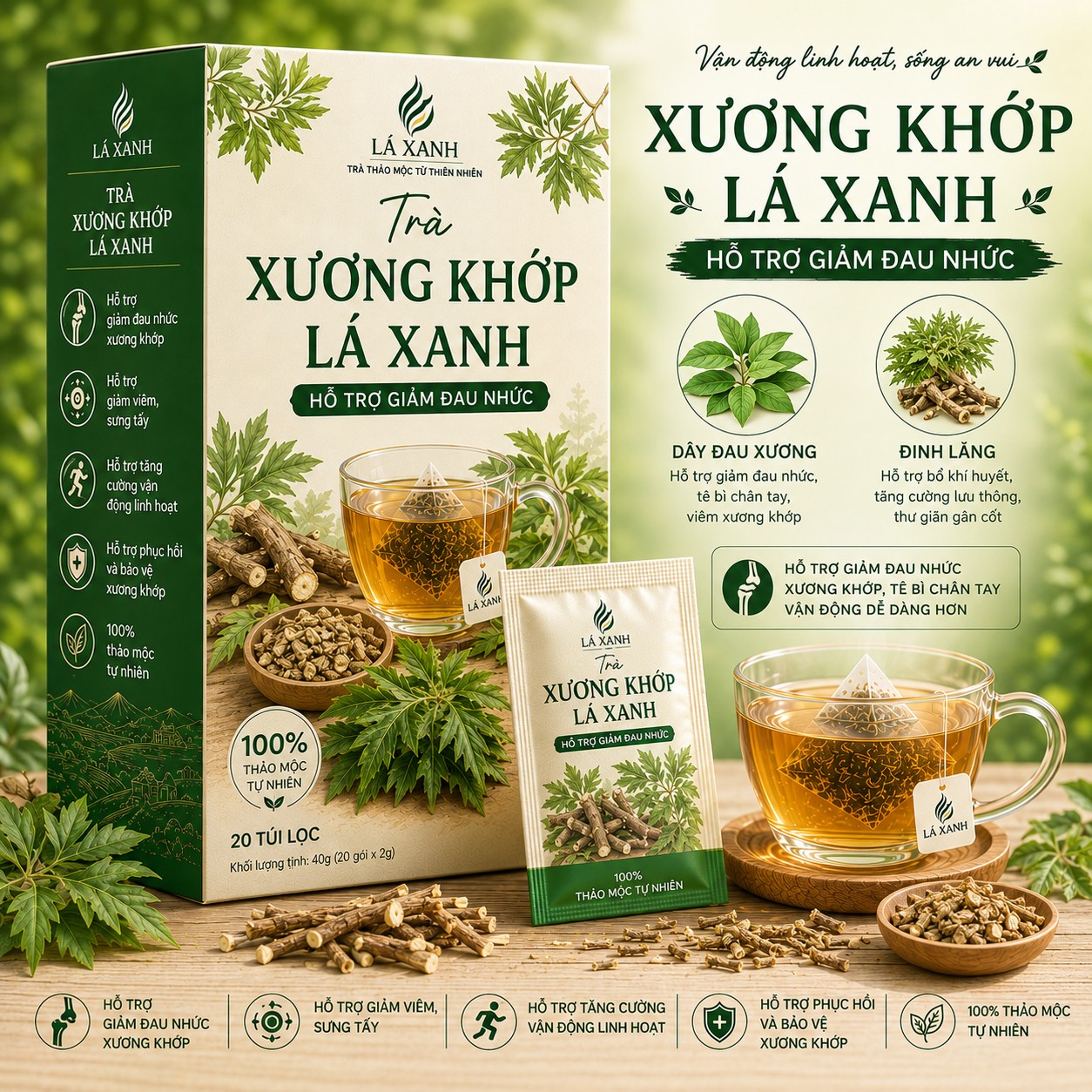 Trà Xương Khớp Lá Xanh hỗ trợ giảm đau nhức xương khớp từ đỗ trọng ngưu tất và thảo mộc thiên nhiên
